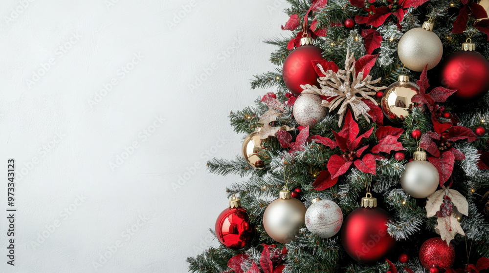 Beautifully decorated Christmas tree with red and gold ornaments, poinsettias, and festive ribbons against a white background Beautifully decorated Christmas tree with red and gold ornaments, poinsettias, and festive ribbons against a white background