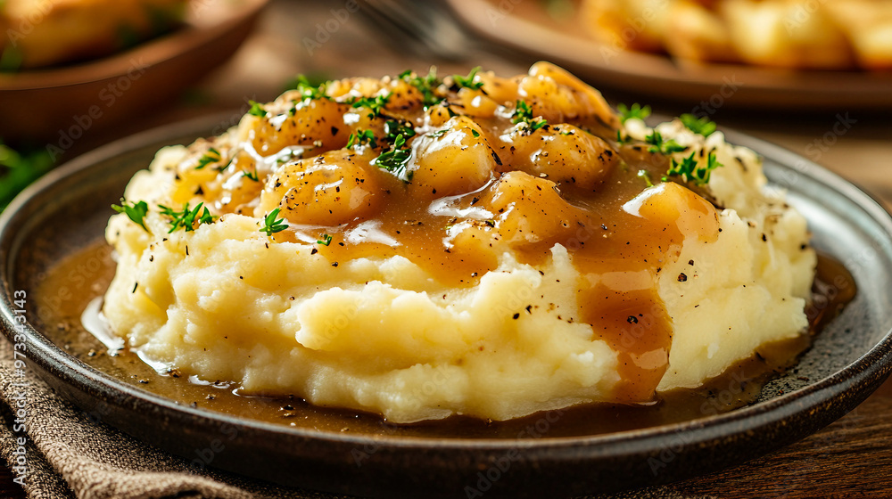 Creamy mashed potatoes topped with savory gravy and herbs served on a rustic wooden table Creamy mashed potatoes topped with savory gravy and herbs served on a rustic wooden table