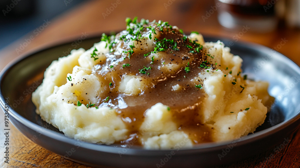 Delicious creamy mashed potatoes topped with rich gravy and fresh herbs on a rustic table Delicious creamy mashed potatoes topped with rich gravy and fresh herbs on a rustic table