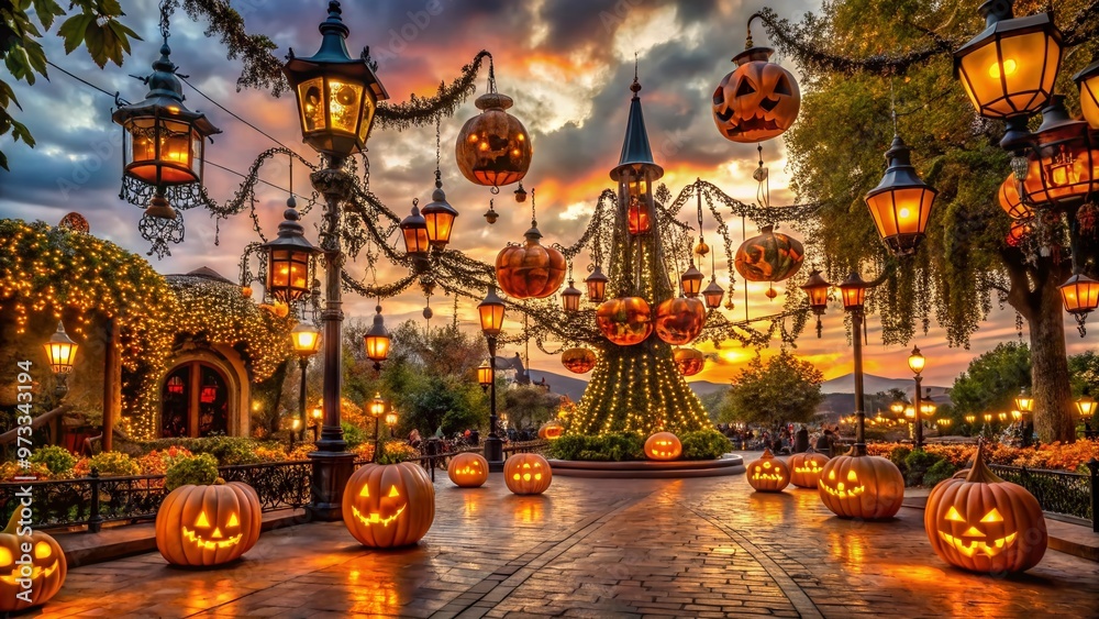 Spooky skeletal figures, glowing jack-o'-lanterns, and cobweb-covered chandeliers transform a whimsical theme park into Spooky skeletal figures, glowing jack-o'-lanterns, and cobweb-covered chandeliers transform a whimsical theme park into