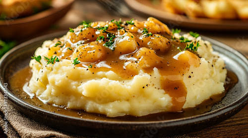 Creamy mashed potatoes topped with savory gravy and herbs served on a rustic wooden table photo