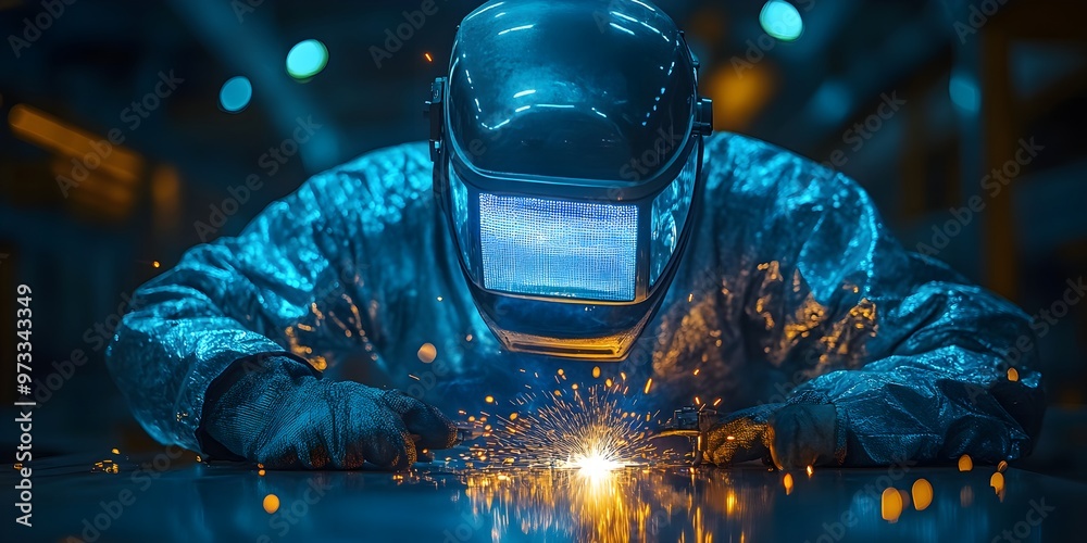 A person in protective welding gear works on a metal project, ensuring accurate and strong welds with a glowing torch A person in protective welding gear works on a metal project, ensuring accurate and strong welds with a glowing torch