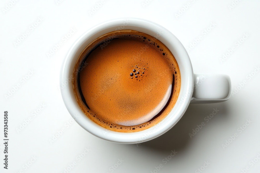 Top view of a white cup with freshly brewed black espresso, isolated as a design element. Top view of a white cup with freshly brewed black espresso, isolated as a design element.