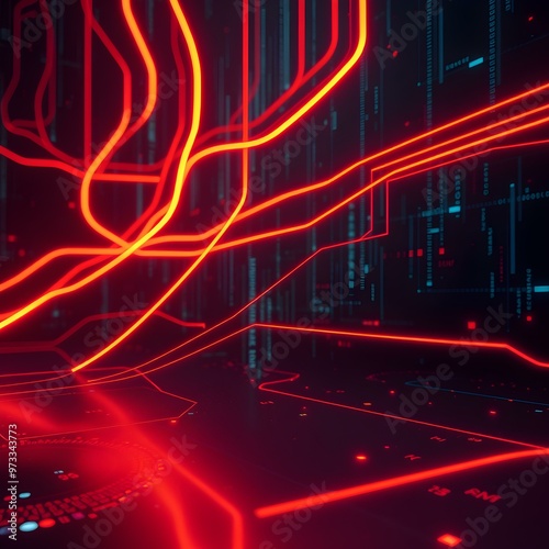 A futuristic digital background with neon light lines and abstract data flowing across a dark surfac photo