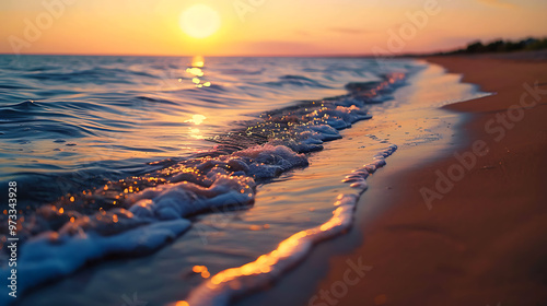 Close-up of foamy waves lapping on a sandy beach at sunset, with the sun reflecting off the water. photo