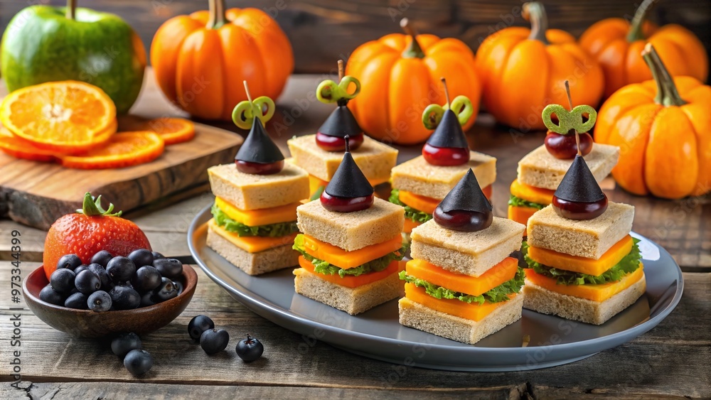 Spooky yet adorable baby block-shaped sandwiches, witches' hat cookies, and Spooky yet adorable baby block-shaped sandwiches, witches' hat cookies, and