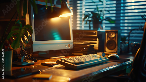 A vintage computer setup on a desk with a lamp, keyboard, mouse, and houseplants. photo