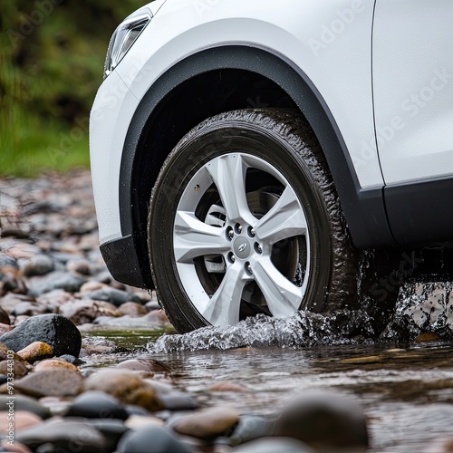 A white vehicle navigates an off-road trail, splashing through water and rocks. Close-up highlights include fog lights and a dark wheel hub, emphasizing its rugged features