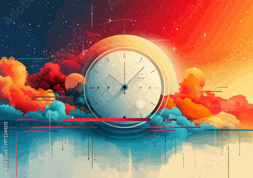 Abstract Minimalist Vector Illustration of Clock Amid Intense Colors of Day and Night Symbolizing Time Pressure and Urgency with Vibrant Clouds Background