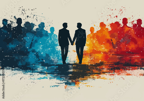 Business Leaders in Conflict: Managers Changing Company Direction, Silhouetted Figures, Conceptual Illustration of Rivalry, Power Struggle, Splashes of Colors Representing Clashing Teams