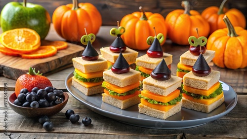 Spooky yet adorable baby block-shaped sandwiches, witches' hat cookies, and "mummy" wrapped fruit kebabs adorn a