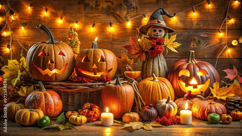 Fototapeta premium Spooky yet inviting fall display features an array of autumnal decorations, illuminated jack-o-lanterns, and eerie figurines against a warm and cozy seasonal background.