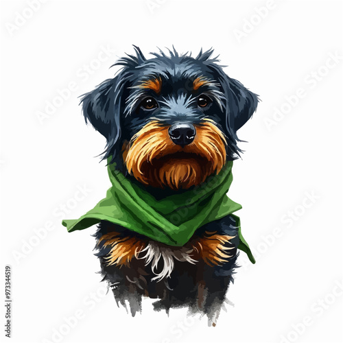 Cheerful dog oil painting with a scarf , funny, cheerful, dog, oil painting, humor, colorful, art, pet. black and brown color cute dog editable vector illustration. Dog digital art.