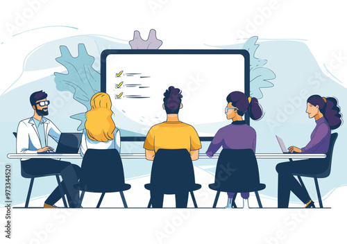Business Team in Training Session with Instructor and Checklist Presentation, Collaborative Learning and Skill Development, Daytime, Minimalist Vector Illustration