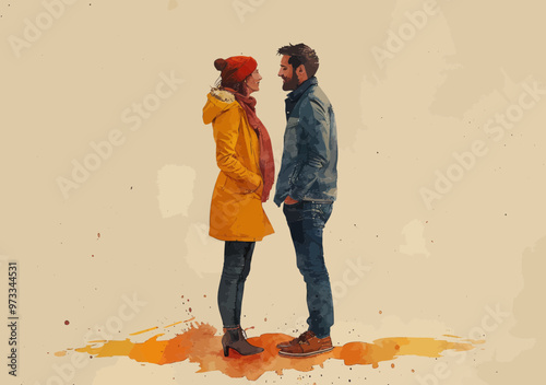 Expectant Couple Planning Future Together - Minimalistic Vector Illustration of Pregnant Woman and Man Standing Face to Face, Warm Colors, Autumn/Winter Clothing, Family Concept
