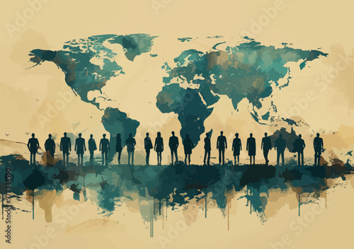 Global Business Team on World Map Silhouettes Minimalistic Vector Illustration Collaboration Concept
