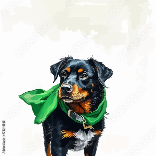 Cheerful dog oil painting with a scarf , funny, cheerful, dog, oil painting, humor, colorful, art, pet. black and brown color cute dog editable vector illustration. Dog digital art.