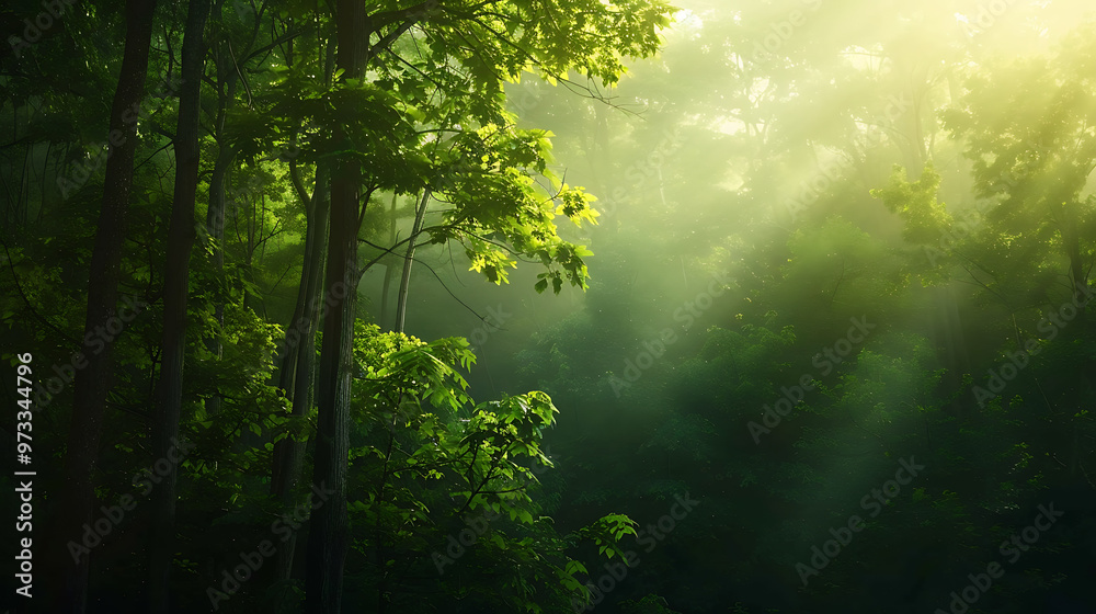 Obraz premium Sunlight streams through a dense forest, illuminating the lush green foliage and creating a mystical atmosphere.