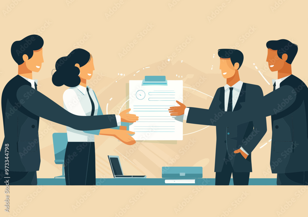 Business Agreement Handshake Team Office Workers Reviewing Deal Vector Illustration Corporate Partnership Collaboration Business Agreement Handshake Team Office Workers Reviewing Deal Vector Illustration Corporate Partnership Collaboration