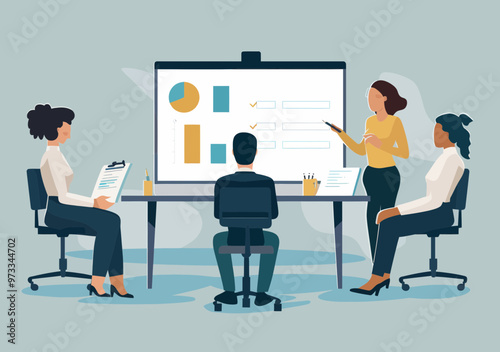 Business Team in Classroom Setting Listening to Female Teacher Presenting Checklist on Interactive Screen with Graphs, Illustrative Vector, Learning, Education, Corporate Training, Minimalistic Design