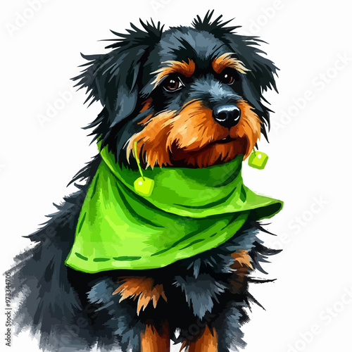 Cheerful dog oil painting with a scarf , funny, cheerful, dog, oil painting, humor, colorful, art, pet. black and brown color cute dog editable vector illustration. Dog digital art.