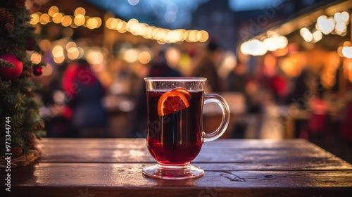 Glass of mulled wine on an outdoor wooden table at a Christmas market with blurred people in the background and bokeh effect. New Year concept.