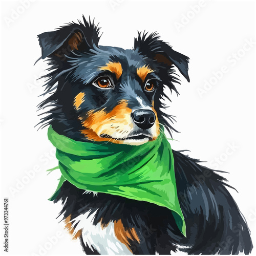 Cheerful dog oil painting with a scarf , funny, cheerful, dog, oil painting, humor, colorful, art, pet. black and brown color cute dog editable vector illustration. Dog digital art.