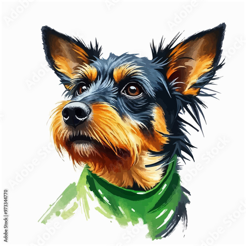 Cheerful dog oil painting with a scarf , funny, cheerful, dog, oil painting, humor, colorful, art, pet. black and brown color cute dog editable vector illustration. Dog digital art.