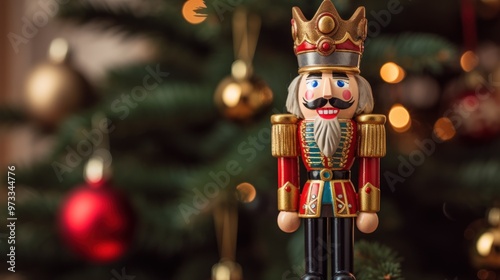 Close-up of a nutcracker on a Christmas tree with a blurred background and copy space. 