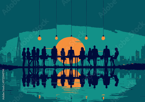 Sunset Business Team Meeting with City Skyline, Collaborative Teamwork Concept, Minimalistic Vector Illustration, Vibrant Colors, Nighttime Office Environment