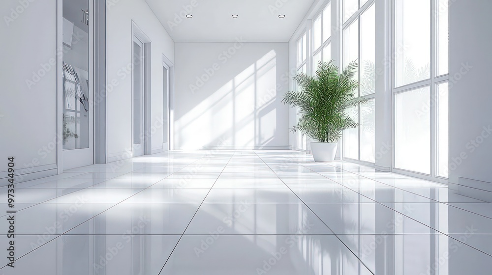 Obraz premium 3D rendering of a bright and clean white room with ceramic tile flooring and minimalist design.