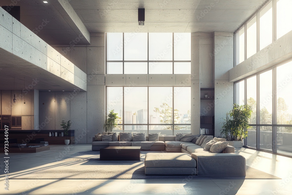 Fototapeta premium 3D rendering of a large, luxurious modern living room interior.