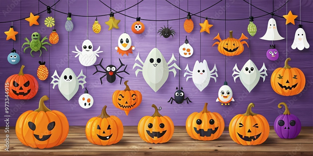 Spooky yet whimsical Halloween decoration printable designs featuring ghosts, bats, pumpkins, and spiders in a vibrant Spooky yet whimsical Halloween decoration printable designs featuring ghosts, bats, pumpkins, and spiders in a vibrant