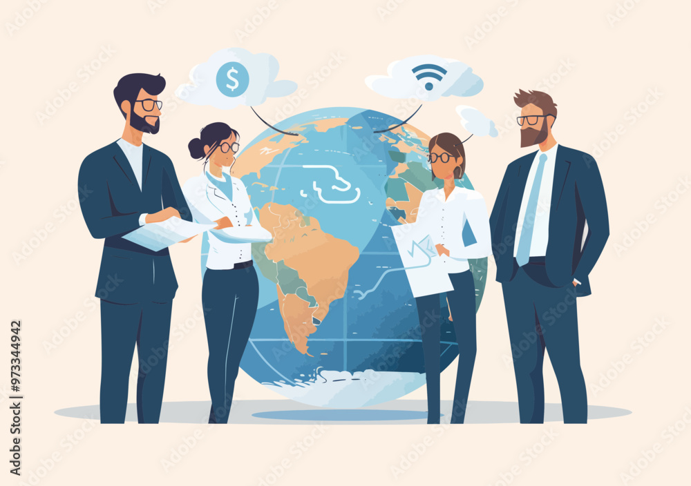 Global Business Team Discussing Investments and Ecology Around World Globe Illustration Global Business Team Discussing Investments and Ecology Around World Globe Illustration