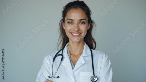 Smiling female doctor with stethoscope, arms crossed, and white coat standing in a clinical setting