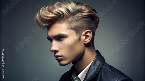 Stylish young adult with trendy haircut featuring short sides, back, and neck, contrasting with longer, styled hair on top, exuding modern chic and sophistication.