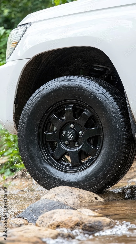 A white vehicle navigates an off-road trail, splashing through water and rocks. Close-up highlights include fog lights and a dark wheel hub, emphasizing its rugged features A white vehicle navigates an off-road trail, splashing through water and rocks. Close-up highlights include fog lights and a dark wheel hub, emphasizing its rugged features