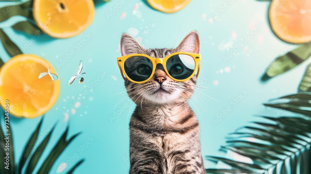 Fototapeta premium A cat wearing sunglasses, dressed for summer, adding a fun and whimsical element to designs.