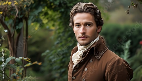 Handsome man in 18th century Regency attire amidst a blooming flower garden in a stunning close-up portrait