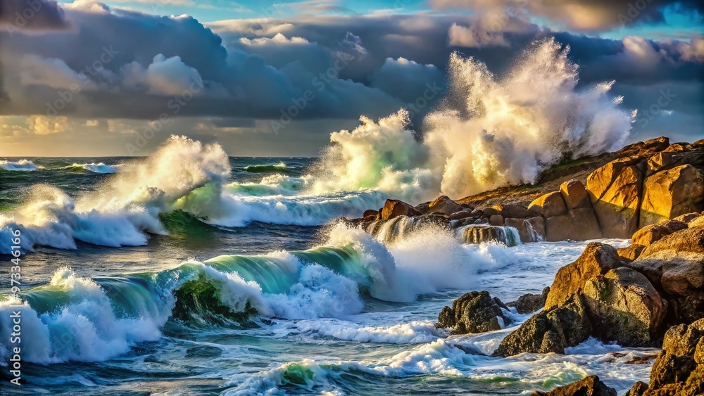 Fototapeta premium Turbulent ocean waves crash against rugged rocky shoreline, capturing the intense energy and turbulent motion of a