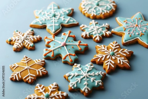 Close-up of decorated gingerbread cookies in the shape of snowflakes, with intricate patterns and colors on each cookie, arranged artistically against a soft blue background. Christmas food concept.