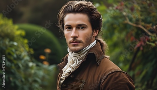 Handsome man in 18th century Regency attire amidst a blooming flower garden in a stunning close-up portrait