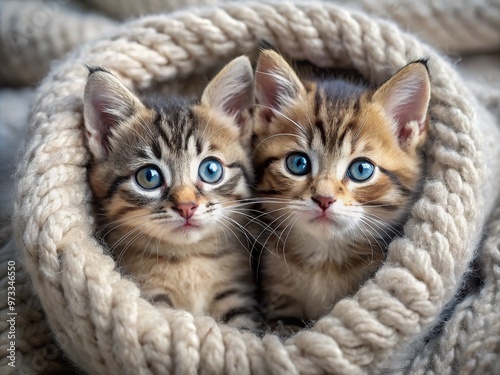 two playful kittens with bright curious eyes, soft furry coats, and tiny paws, snuggle and cuddle up together photo