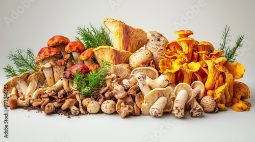 A collection of edible mushrooms including chanterelles and shiitake, presented to highlight their natural appeal and culinary potential.