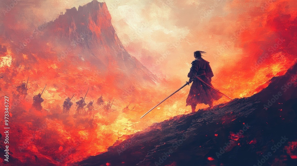 A lone samurai stands on a mountaintop, facing a fiery battlefield, his sword raised in defiance. A lone samurai stands on a mountaintop, facing a fiery battlefield, his sword raised in defiance.