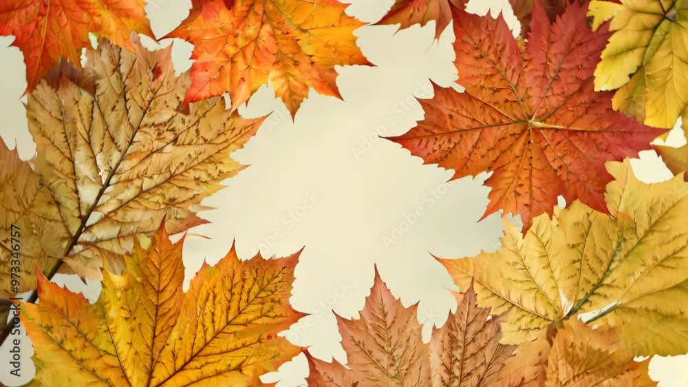 Top view of rotating autumn maple leaves in warm red, orange, and yellow tones creating a vibrant seasonal background Top view of rotating autumn maple leaves in warm red, orange, and yellow tones creating a vibrant seasonal background