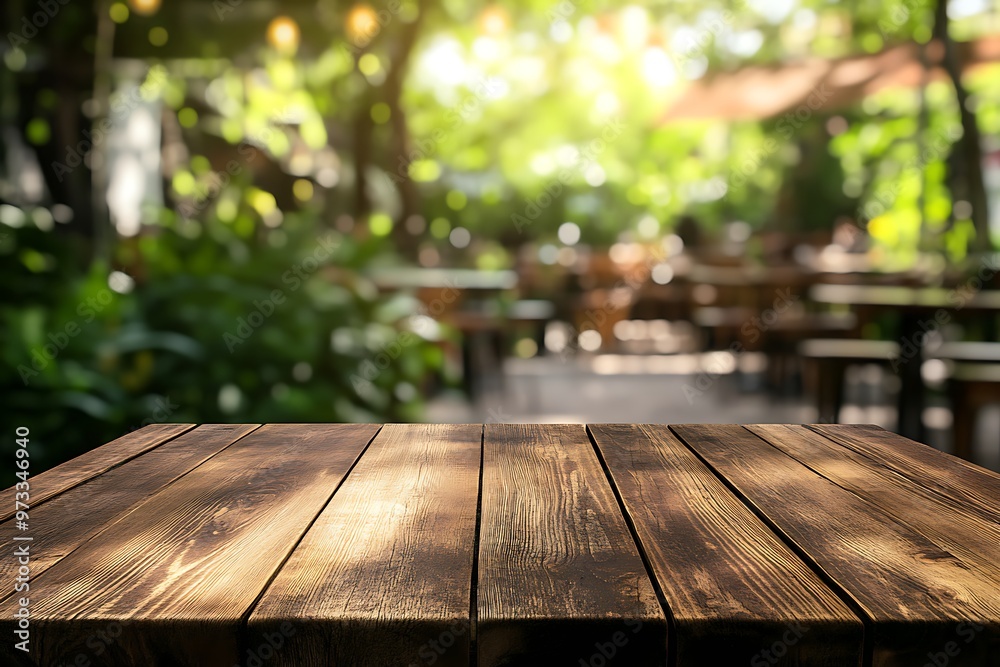 Rustic wooden picnic table in a sunlit garden, surrounded by nature's vibrant green Rustic wooden picnic table in a sunlit garden, surrounded by nature's vibrant green