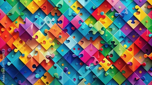 Vibrant, abstract illustration of interconnected puzzle pieces in bright colors, representing diversity, individuality, and uniqueness, set against a bold, geometric background.
