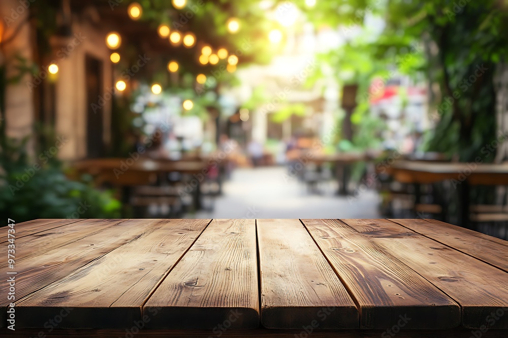 Rustic wooden picnic table in a sunlit garden, surrounded by nature's vibrant green Rustic wooden picnic table in a sunlit garden, surrounded by nature's vibrant green