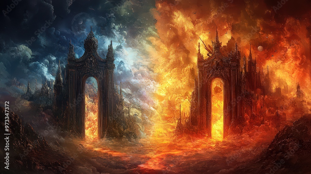 A depiction of heaven and hell gates, presenting a choice between paradise and fiery damnation in a religious-themed artwork. A depiction of heaven and hell gates, presenting a choice between paradise and fiery damnation in a religious-themed artwork.